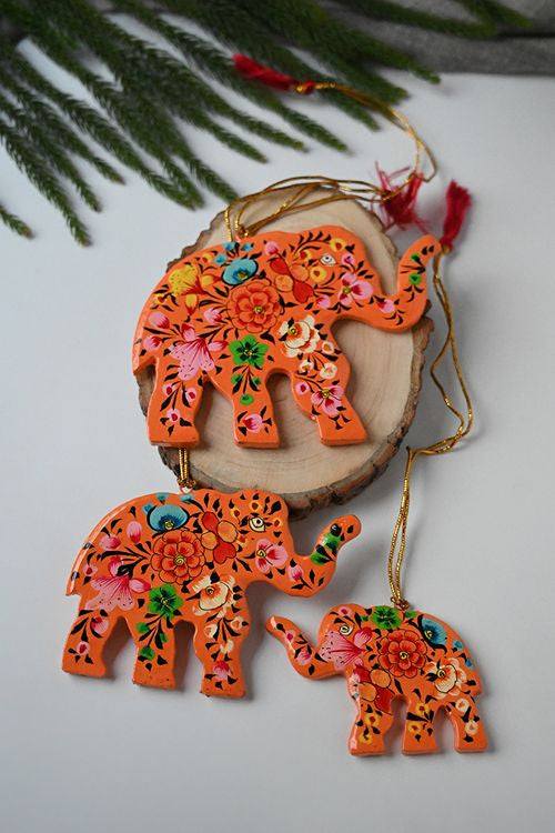 Kashmiri Art Xmas Decorations - Orange Flowers (Set Of 9)