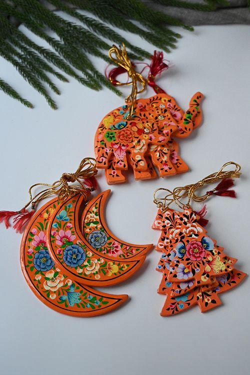 Kashmiri Art Xmas Decorations - Orange Flowers (Set Of 9)