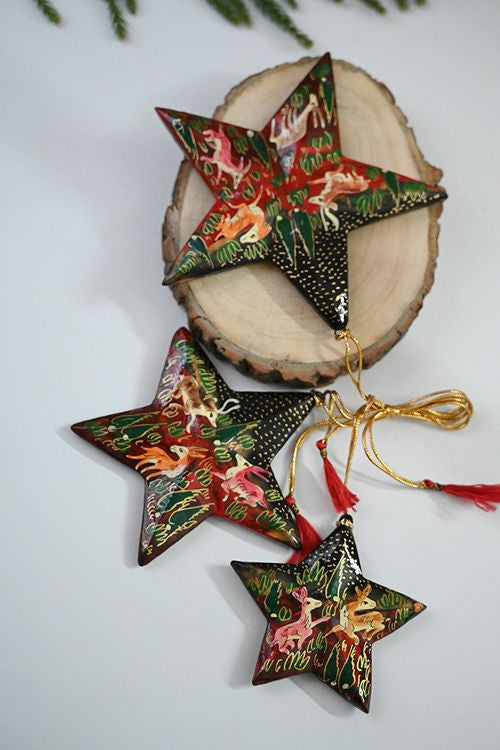 Kashmiri Art Xmas Decorations - Forests & Stars (Set Of 6)