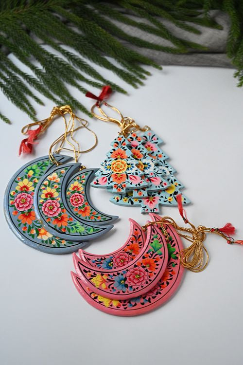 Kashmiri Art Xmas Decorations - Blue & Pink Florals (Set Of 9)