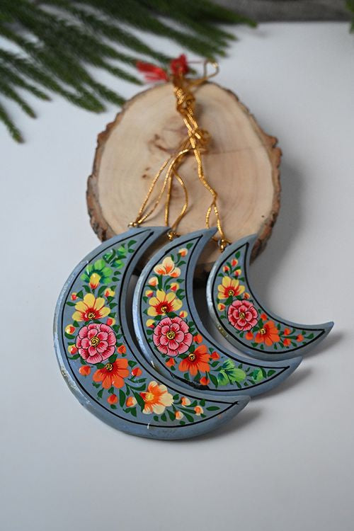 Kashmiri Art Xmas Decorations - Blue & Pink Florals (Set Of 9)