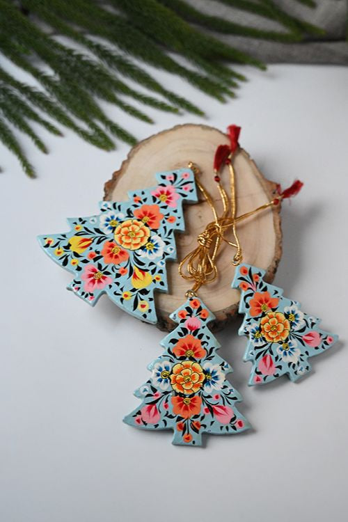 Kashmiri Art Xmas Decorations - Blue & Pink Florals (Set Of 9)