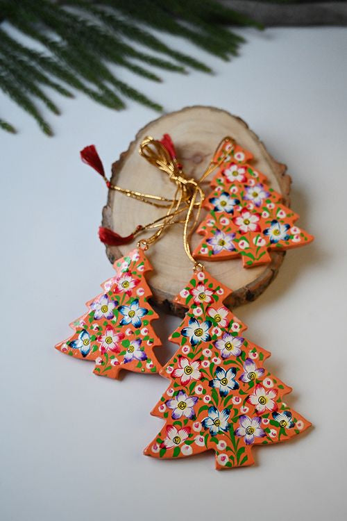 Kashmiri Art Xmas Decorations - Orange & Gold Flora (Set Of 9)