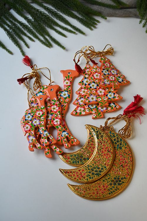 Kashmiri Art Xmas Decorations - Orange & Gold Flora (Set Of 9)