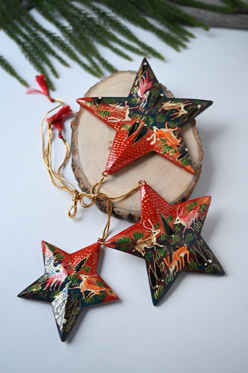 Kashmiri Art Xmas Decorations - Red Forests (Set Of 9)