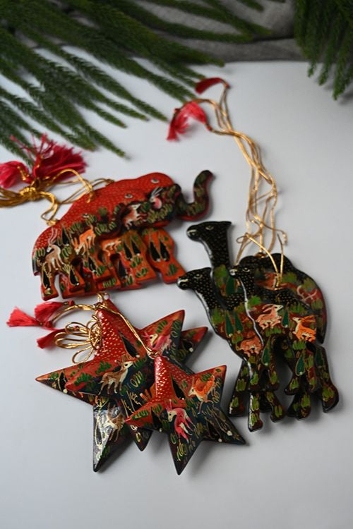 Kashmiri Art Xmas Decorations - Red Forests (Set Of 9)