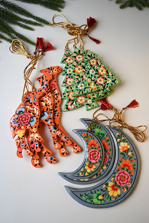 Kashmiri Art Xmas Decorations - Floral Themes (Set Of 9)