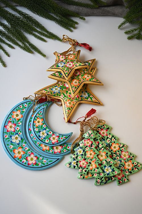 Kashmiri Art Xmas Decorations - Blue Green Medley (Set Of 9)