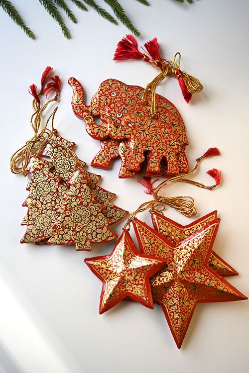 Kashmiri Art Xmas Decorations - Red & Gold Symphony (Set Of 9)