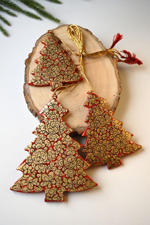 Kashmiri Art Xmas Decorations - Red & Gold Symphony (Set Of 9)