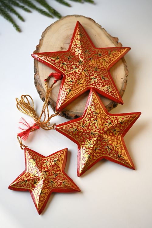 Kashmiri Art Xmas Decorations - Red & Gold Symphony (Set Of 9)