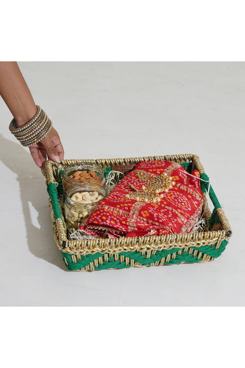 Sirohi Handwoven Multipurpose Tray | Mehndi | Green & Gold