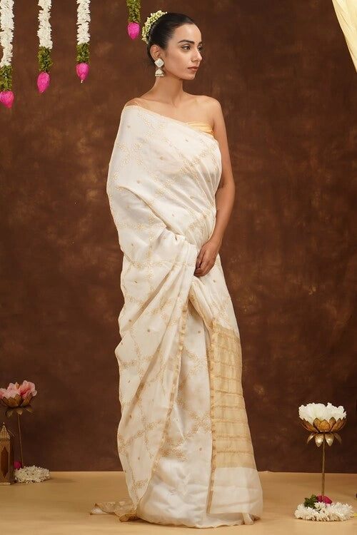 Shwet Women Hand Embroidered Chikankari Off-White Chanderi Saree