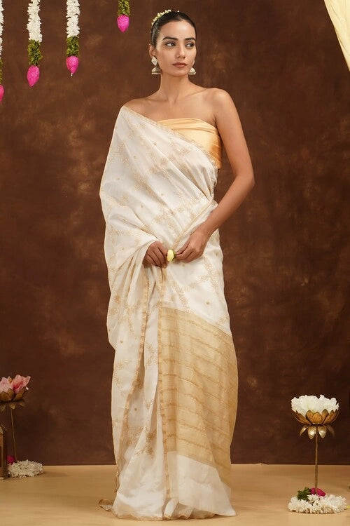 Shwet Women Hand Embroidered Chikankari Off-White Chanderi Saree