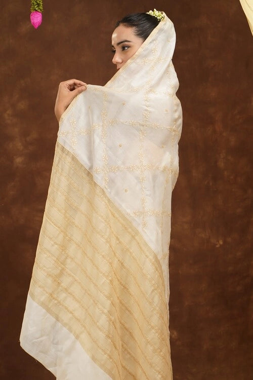 Shwet Women Hand Embroidered Chikankari Off-White Chanderi Saree