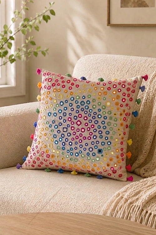 Okhai 'Optic' Mirror Work Pure Cotton Cushion Cover