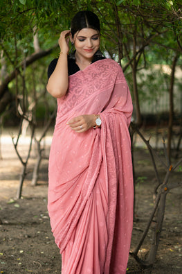 Shwet "Pastel Hues" Smokey  Red Chikankari Georget  Saree