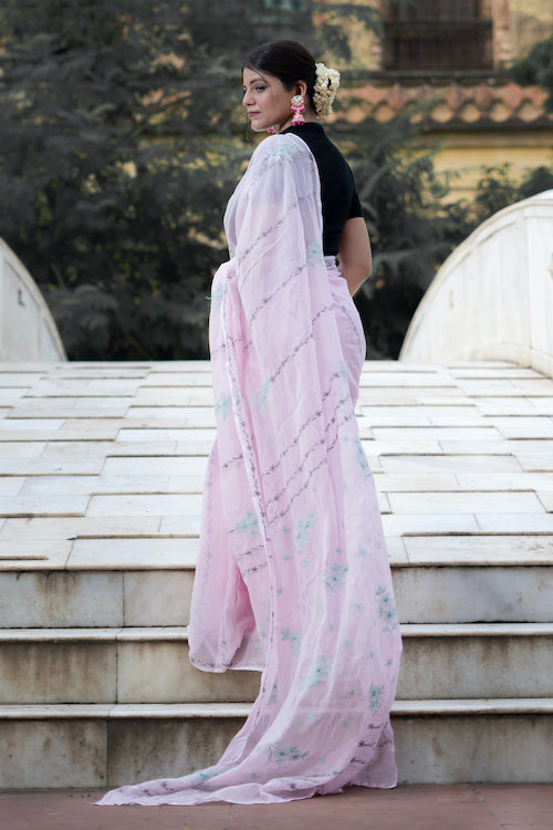 Shwet "Pastel Hues" Pink Chikankari Kota Cotton Saree