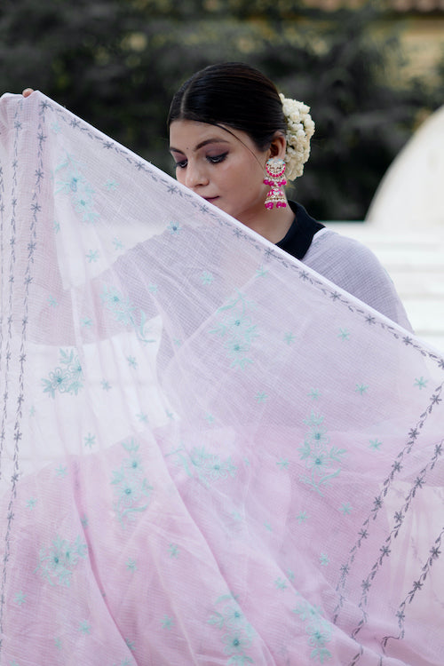 Shwet "Pastel Hues" Pink Chikankari Kota Cotton Saree