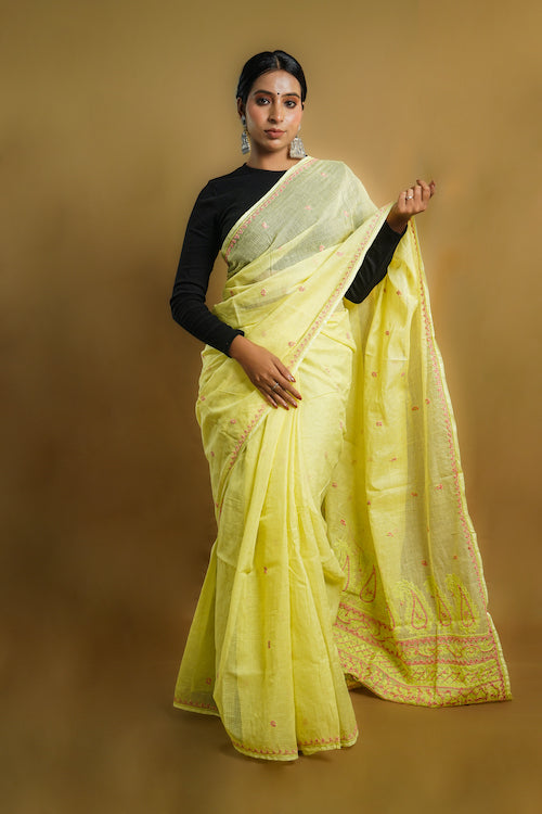 Shwet "Pastle Hues" Yellow Chikankari Kota Cotton Saree 