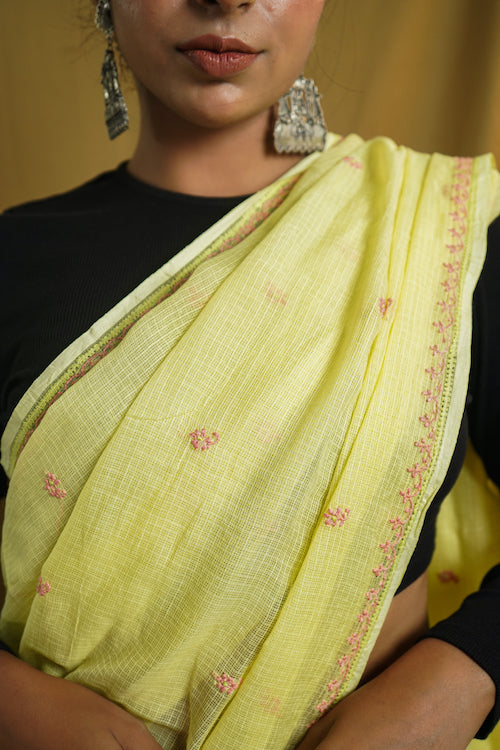 Shwet "Pastle Hues" Yellow Chikankari Kota Cotton Saree 