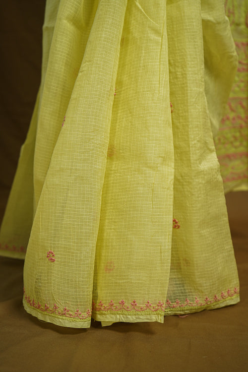 Shwet "Pastle Hues" Yellow Chikankari Kota Cotton Saree 