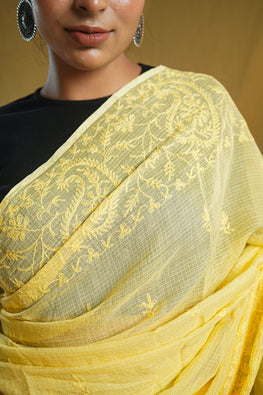 Shwet "Pastle Hues" Yellow Chikankari Kota Cotton Saree 