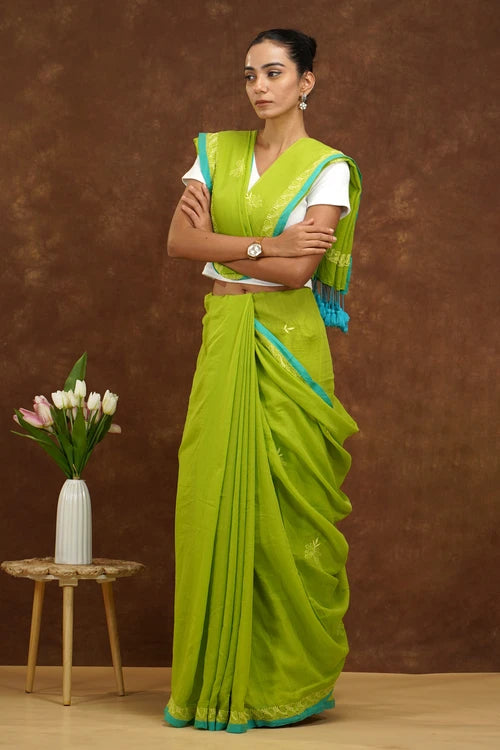 Shwet Women Parrot Green Hand Embroidered Chikankari Mulmul Saree