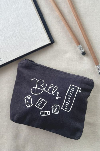 Okhai "Bills" Hand-Embroidered Pure Cotton Pouch - Charcoal Black