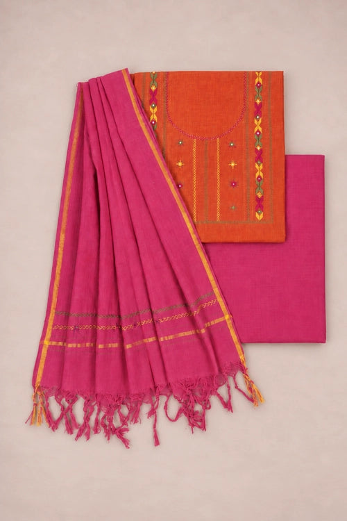 Pratibimb "Saanvri Soof Orange Temple Border" Unstitched Suit Set