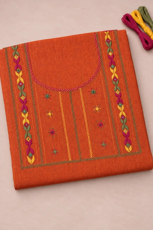 Pratibimb "Saanvri Soof Orange Temple Border" Unstitched Suit Set