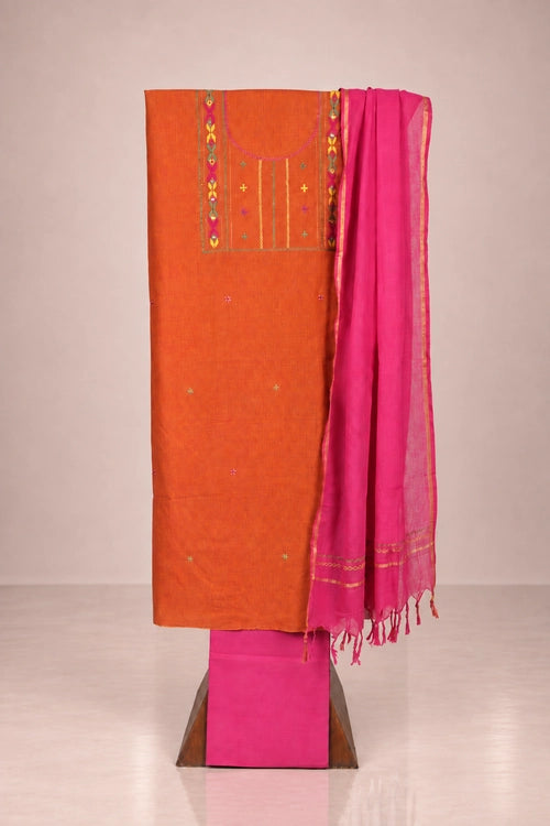 Pratibimb "Saanvri Soof Orange Temple Border" Unstitched Suit Set