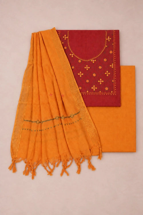Pratibimb "Saanvri Soof Red Temple Border" Unstitched Suit Set