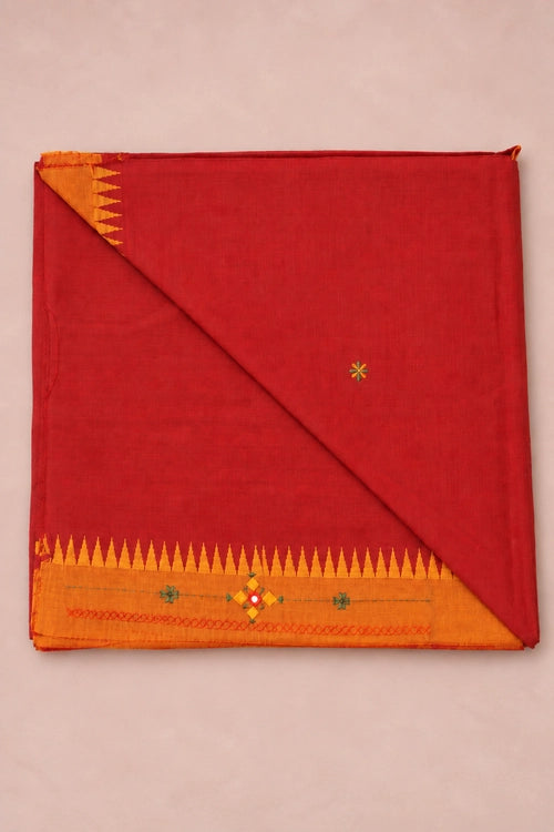 Pratibimb "Saanvri Soof Red Temple Border" Unstitched Suit Set