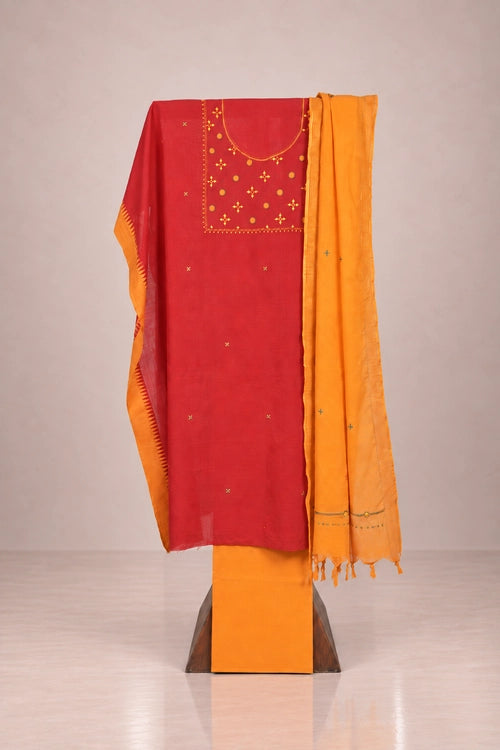 Pratibimb "Saanvri Soof Red Temple Border" Unstitched Suit Set
