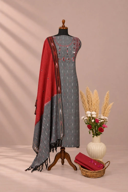 Pratibimb "Saanvri Soof Pochampalli Grey Ikat" Unstitched Suit Set