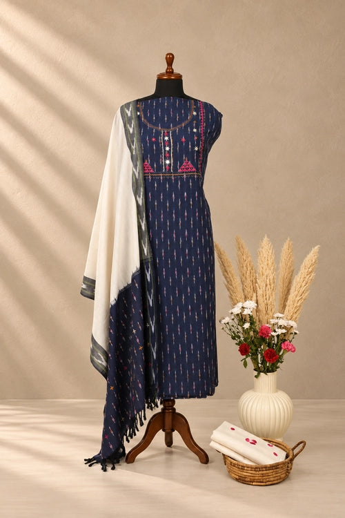 Pratibimb "Saanvri Soof Pochampalli Navy Ikat" Unstitched Suit Set