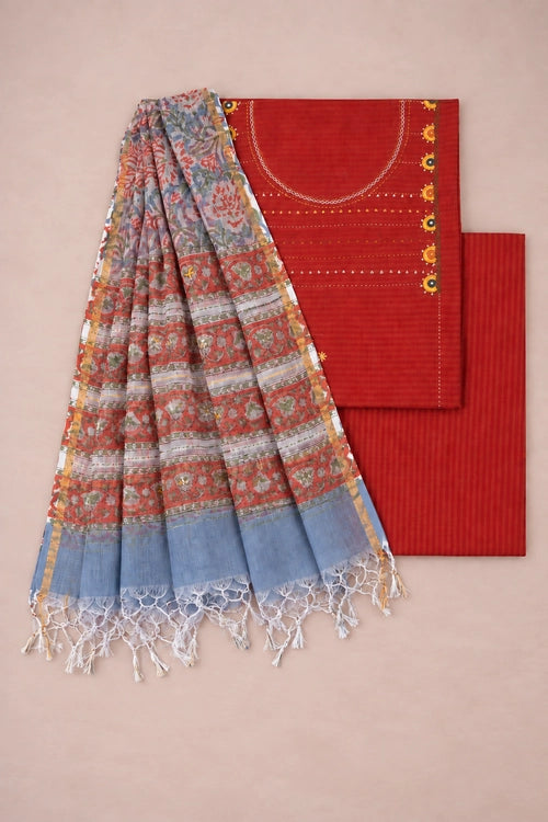 Pratibimb "Saanvri Soof Self Check Rust Kota Dupatta" Unstitched Suit Set