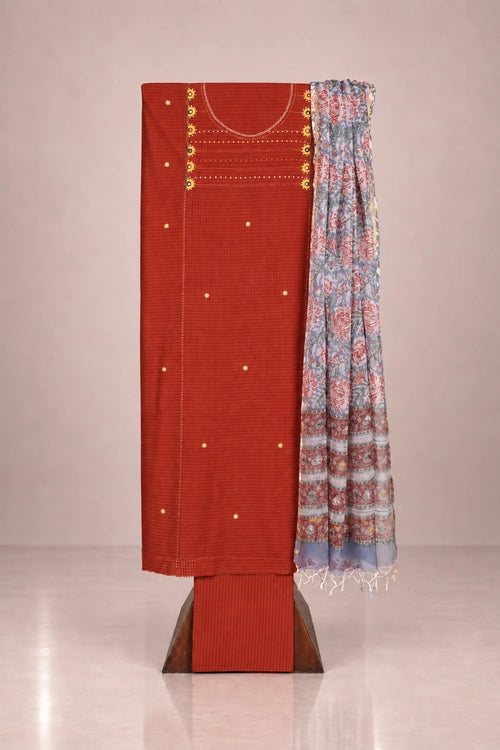Pratibimb "Saanvri Soof Self Check Rust Kota Dupatta" Unstitched Suit Set