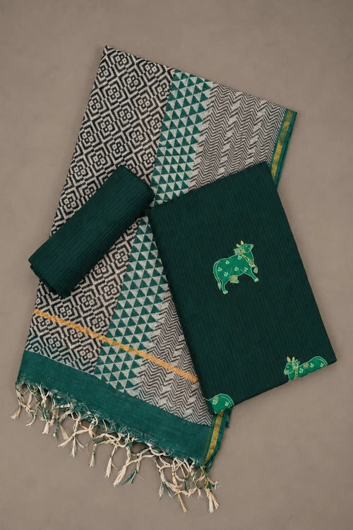 Pratibimb "Nandi Bottle Green Applique Self Check Cotton" Unstitched Suit Set