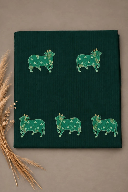Pratibimb "Nandi Bottle Green Applique Self Check Cotton" Unstitched Suit Set