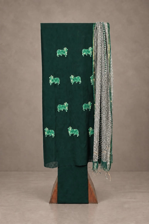 Pratibimb "Nandi Bottle Green Applique Self Check Cotton" Unstitched Suit Set