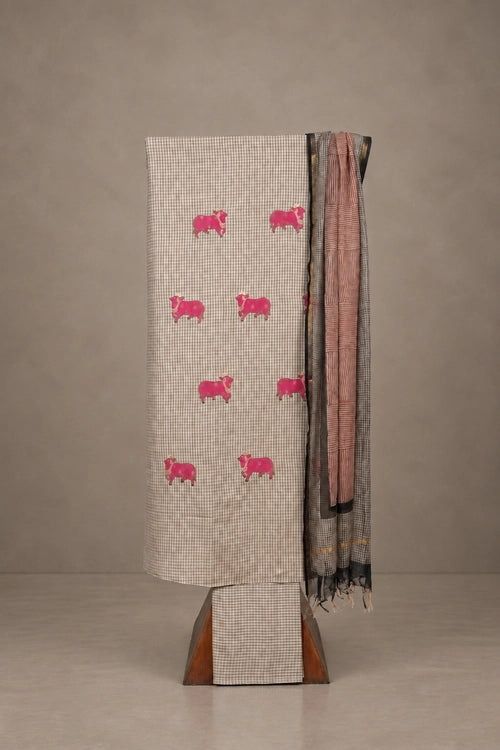 Pratibimb "Nandi Pink Applique Self Check Cotton" Unstitched Suit Set