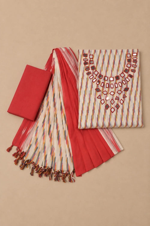 Pratibimb "Chavi White Pochampalli Ikat Cotton Mirrorwork" Unstitched Suit Set