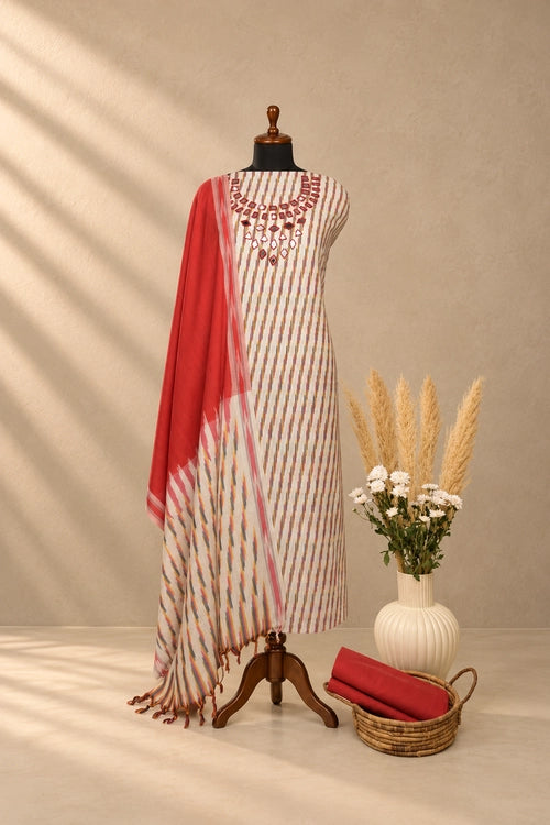 Pratibimb "Chavi White Pochampalli Ikat Cotton Mirrorwork" Unstitched Suit Set