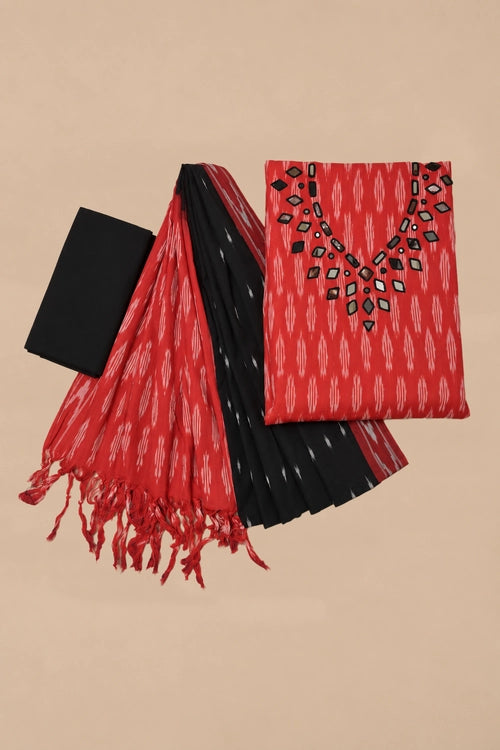 Pratibimb "Chavi Red Pochampalli Ikat Cotton Mirrorwork" Unstitched Suit Set