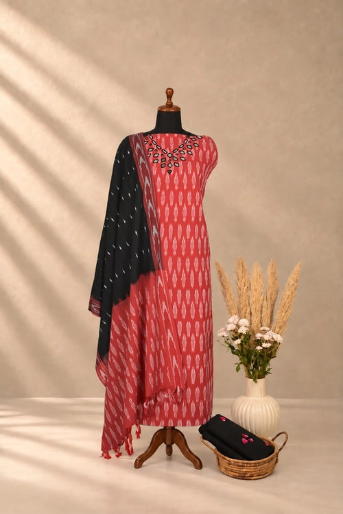 Pratibimb "Chavi Red Pochampalli Ikat Cotton Mirrorwork" Unstitched Suit Set