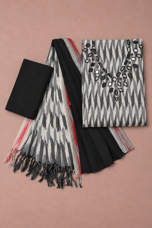 Pratibimb "Chavi Grey Pochampalli Ikat Cotton Mirrorwork" Unstitched Suit Set
