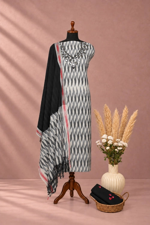 Pratibimb "Chavi Grey Pochampalli Ikat Cotton Mirrorwork" Unstitched Suit Set