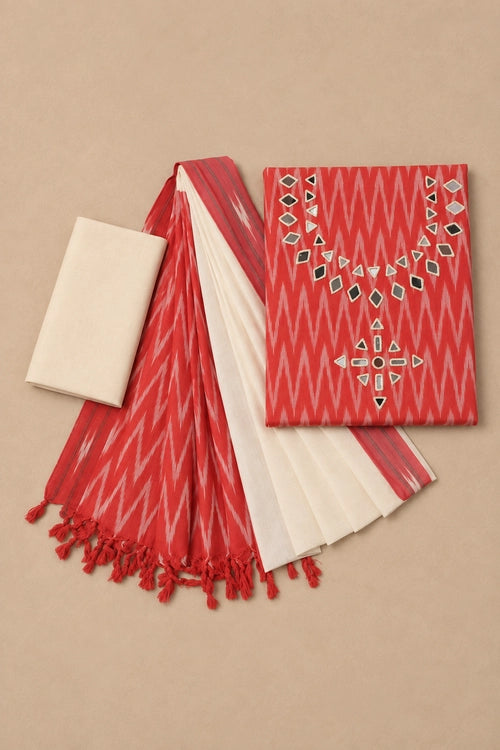 Pratibimb "Chavi Red White Pochampalli Ikat Cotton Mirrorwork" Unstitched Suit Set